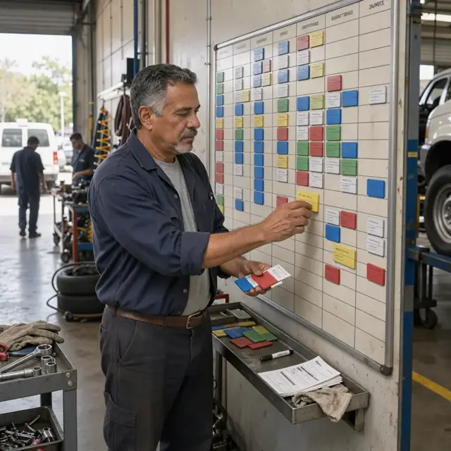 a worker updating a large wall-mounted production schedule board with magnetic cards showing jobs in various stages