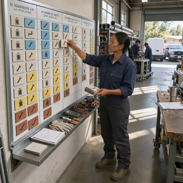 a worker updating a large wall schedule board with magnetic cards showing heating unit jobs in various production stages