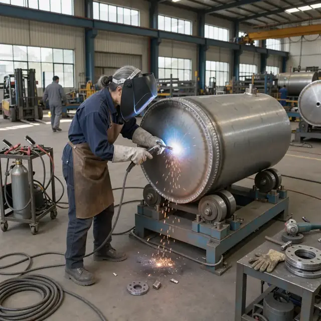 a worker in safety glasses welding a large steel boiler vessel on a rotating positioner inside a fabrication shop