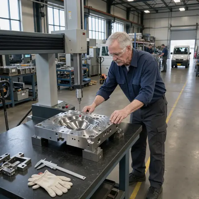 a technician using a coordinate measuring machine to probe the surface of a polished steel mold half on a granite surface plate