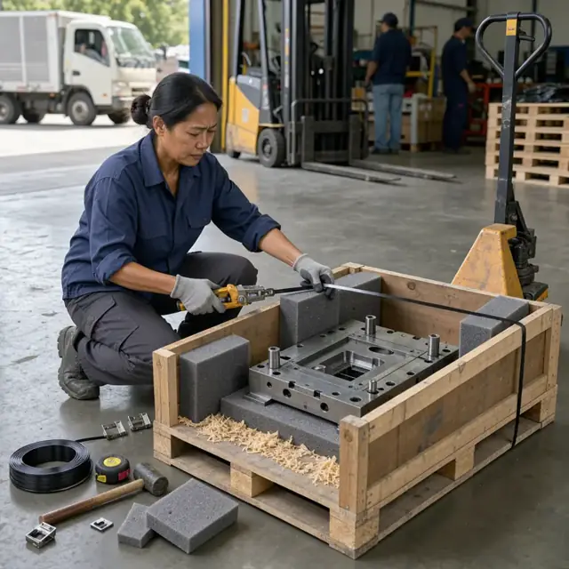 a machinist carefully crating a finished stamping die with foam blocks and strapping in a shipping area