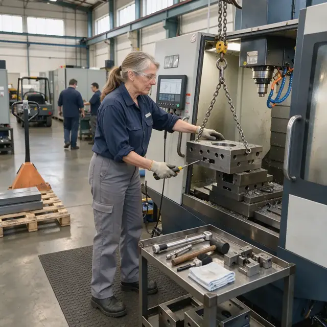a machinist loading a heavy fixture into the vise of a vertical machining center while checking the digital setup sheet