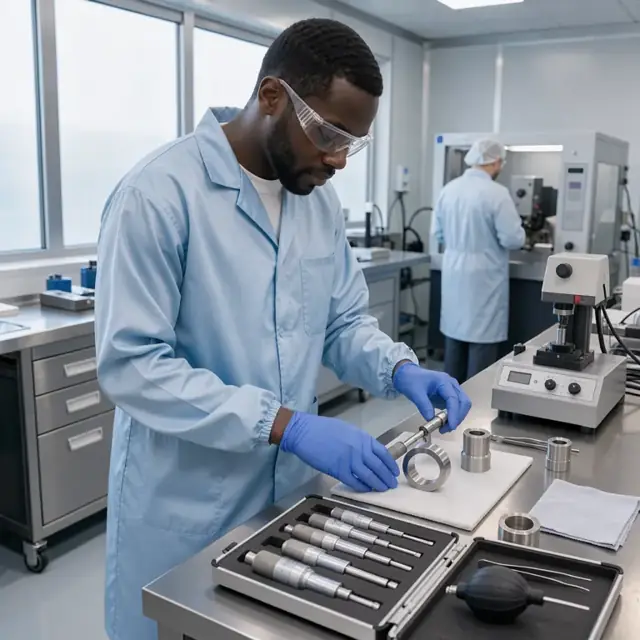 a machinist in a clean room using a micrometer set to check a ring gauge against a certified standard on a workbench