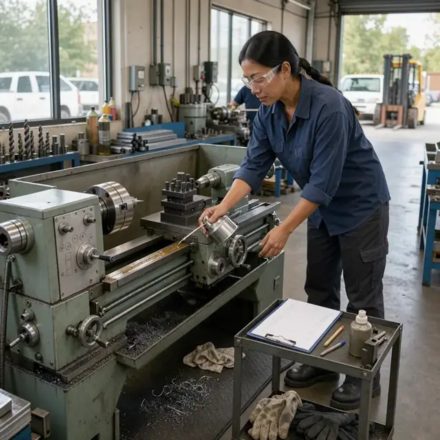 a machinist performing lubrication on the ways of a manual lathe with an oil can and maintenance checklist on a clipboard nearby