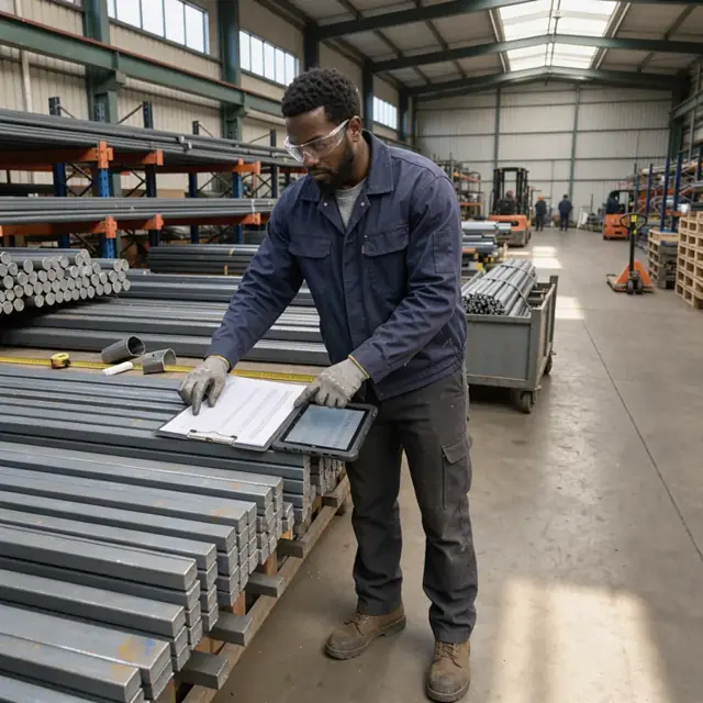 a worker in a warehouse aisle comparing steel bar stock against a printed material list and a digital tablet