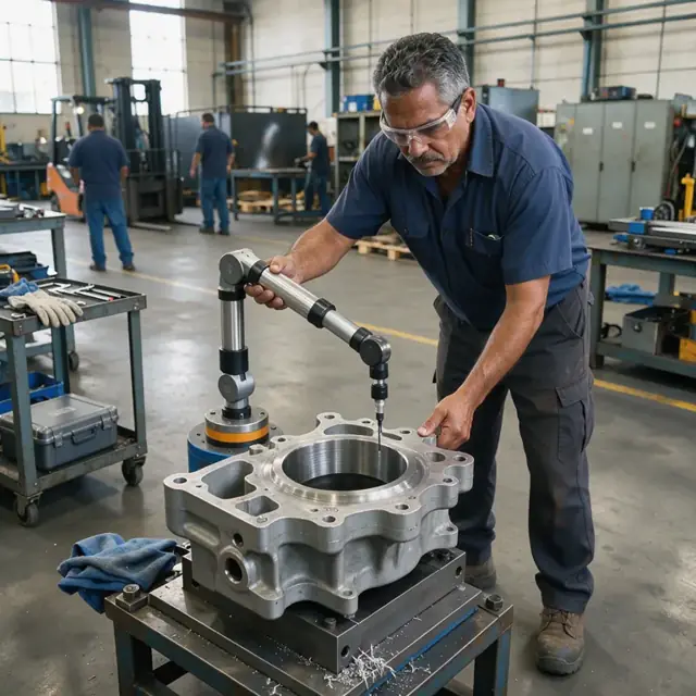 a technician using a portable CMM arm to measure features on a large machined casting mounted on a shop floor