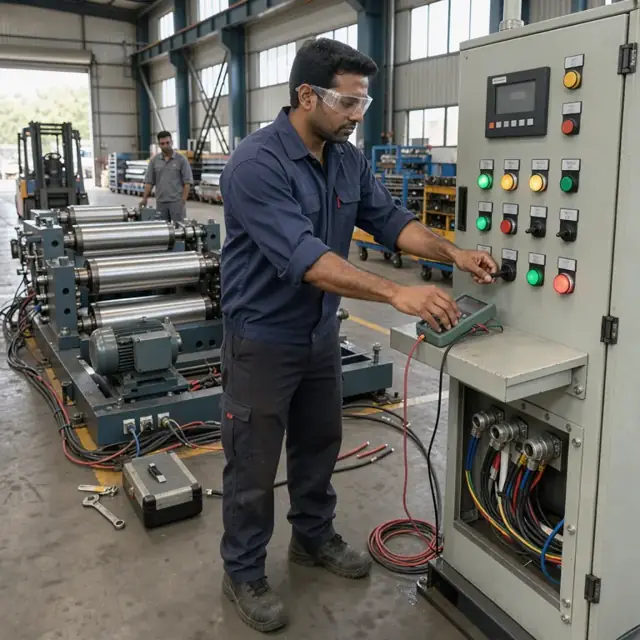 a technician performing a functional test on the control panel of a newly assembled rolling mill inside a factory test bay