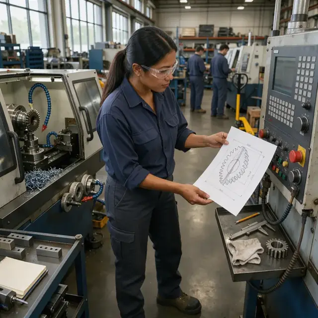 a technician standing at a workstation reviewing a gear tooth profile printout taped to a CNC gear hobber control panel