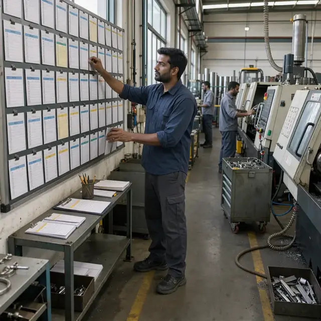 a supervisor updating a large wall-mounted scheduling board filled with job cards next to CNC lathes and mills