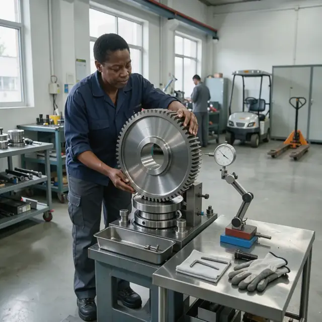 a technician using a dial indicator to check runout on a large precision gear mounted on a test stand in a well-lit inspection room
