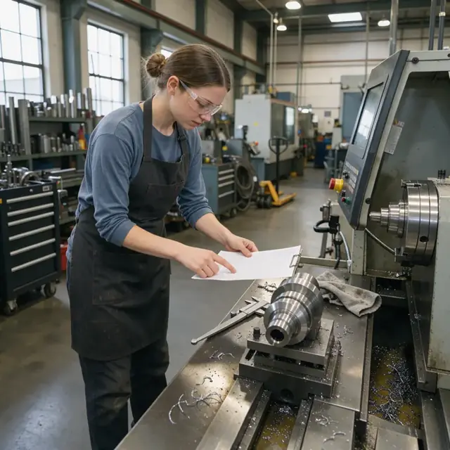 a machinist in a shop apron reading a job traveler attached to a metal part on the table of a large CNC lathe