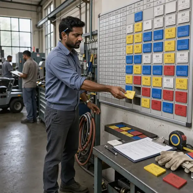 a supervisor standing at a large wall-mounted scheduling board with magnetic cards showing machine assignments and due dates