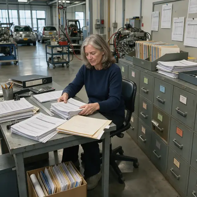a worker organizing stacks of engine test reports and certification forms at a desk next to a row of labeled metal filing cabinets