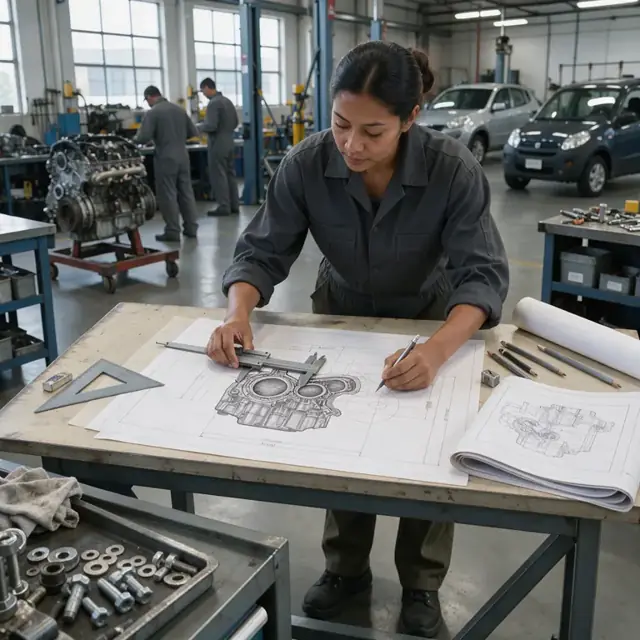 a technician at a drafting table revising an engine cross-section drawing with calipers and a stack of reference blueprints nearby