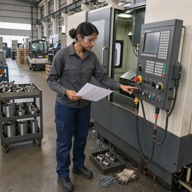 a machinist reviewing a printed work order at the control panel of a large CNC horizontal machining center inside a factory