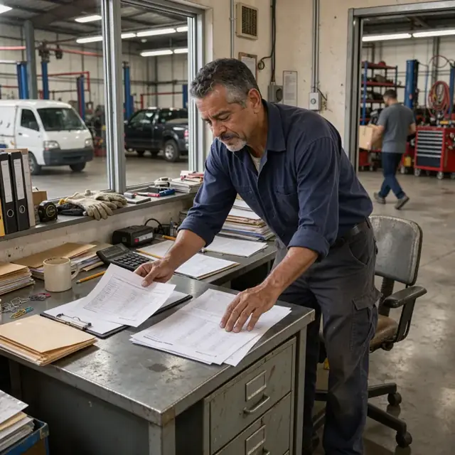 a worker in a shop office comparing printed purchase order pages to a set of proposal documents spread across a metal desk
