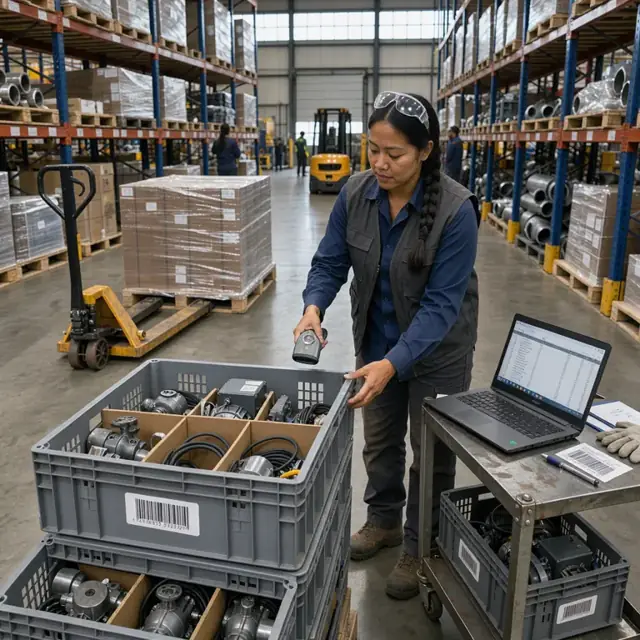 a worker in a warehouse aisle checking barcoded crates of valves and motors against a laptop showing an open requisition list