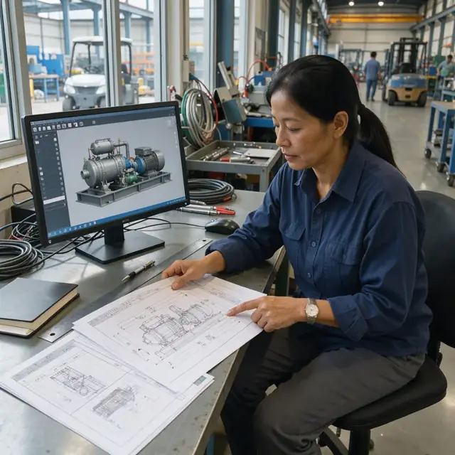 a worker at a large monitor reviewing a stack of technical specification sheets next to a 3D model of a compressor package on screen