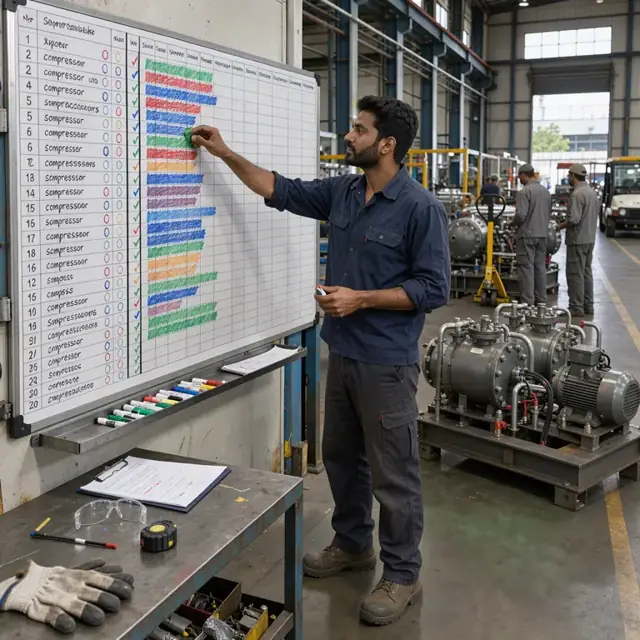 a worker standing at a large scheduling board marking assembly milestones for compressor skids with colored markers