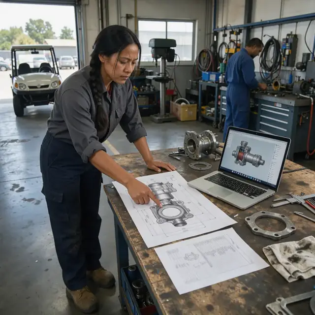 a workbench with pump component drawings, a laptop showing a 3D model of a metering pump and printed specification sheets