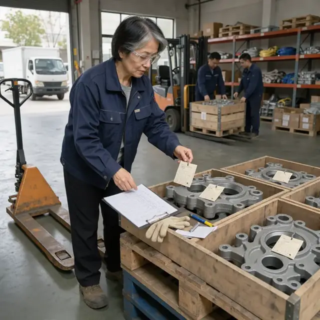 a worker in a factory storeroom comparing incoming metal castings and attached certification tags against a purchase order on a clipboard