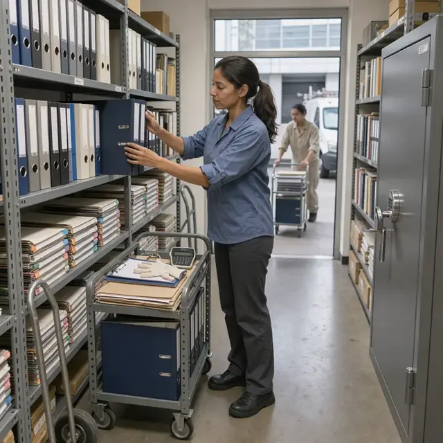 a worker organizing stacks of technical binders and test report folders on shelves in a records room next to a large safe