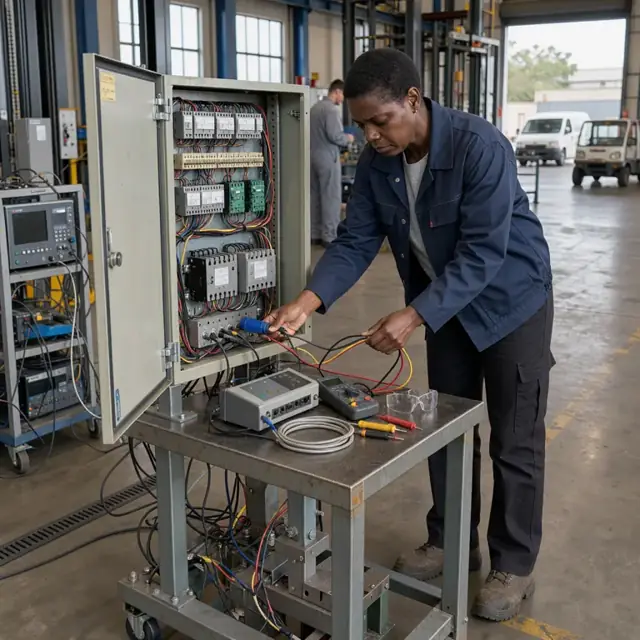 a worker connecting diagnostic cables to an elevator control panel mounted on a test stand surrounded by monitoring equipment