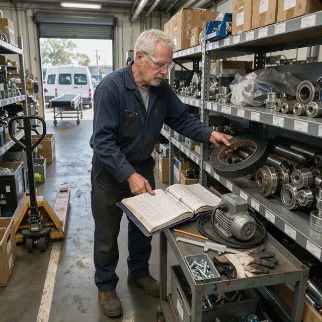 a technician in the parts room pulling a replacement conveyor belt and motor from labeled shelves while referencing a serial number binder