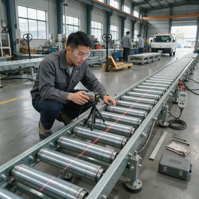 a technician running a no-load test on a powered roller conveyor section while checking alignment with a laser tool in the assembly bay