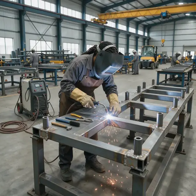a fabricator welding a steel conveyor frame on a jig in a busy fabrication shop surrounded by overhead cranes and other stations