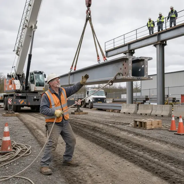 a rigger guiding a large crane girder section as it is lifted by a mobile crane toward an elevated runway beam at an industrial site
