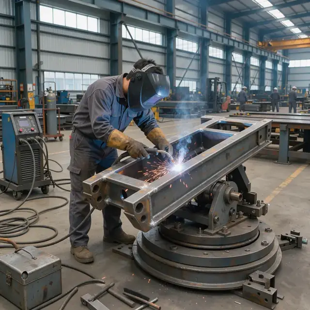 a welder in full PPE welding a large overhead crane trolley frame on a rotating positioner inside a high-bay fabrication shop