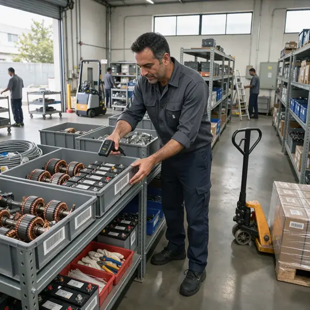 a worker in a stockroom scanning barcoded bins of motor armatures and lithium battery packs on metal shelving