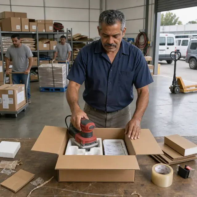a worker in a shipping area placing a power sander into a corrugated carton alongside manuals and foam inserts on a packing table