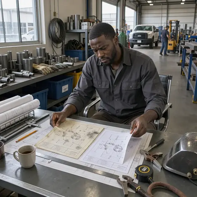 a worker comparing an old and new revision of a welder assembly drawing at a desk covered with blueprints