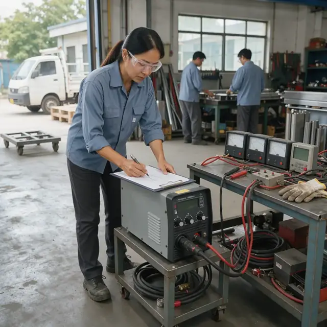 a worker connecting a newly assembled welding power source to a test bench with multiple meters and writing results on a clipboard