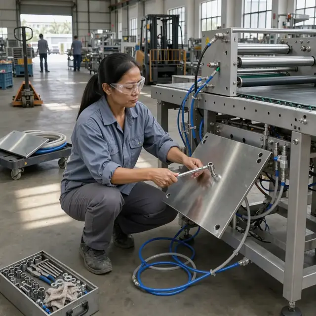 a worker bolting a stainless-steel guard onto a partially assembled packaging machine on the shop floor surrounded by pneumatic tubing