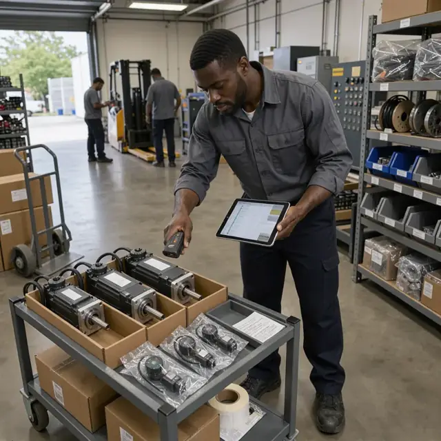a worker in a parts storeroom scanning incoming servo motors and sensors against an open order list on a tablet