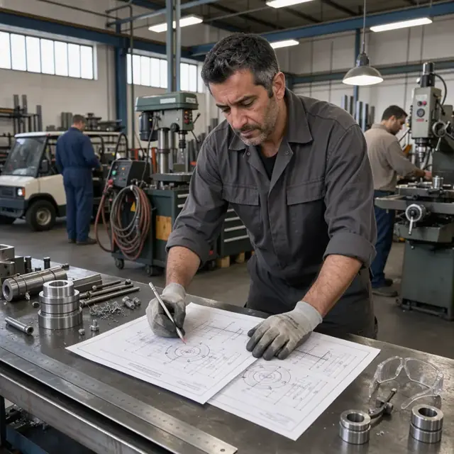 a worker at a metal workbench examining detailed machine specification drawings spread under bright overhead lights