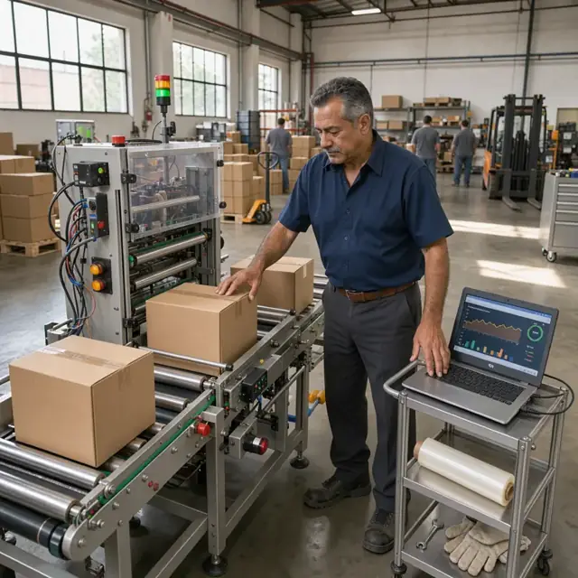 a worker running a sealed carton through a fully assembled packaging machine while checking performance data on a nearby laptop
