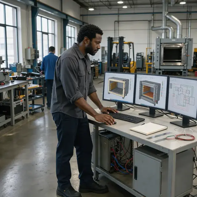 an engineer standing at a computer workstation with multiple monitors showing 3D models of an industrial oven interior and electrical schematics
