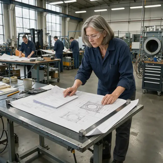 an engineer at a large drafting table reviewing a set of furnace drawings and a printed specification packet under bright overhead lights