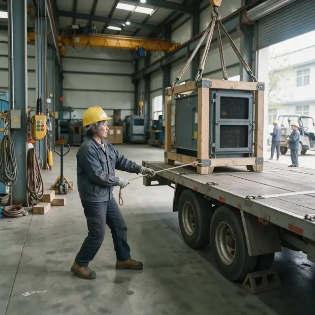 a worker in a hard hat guiding a large crated industrial furnace onto a flatbed trailer using an overhead crane in a loading bay