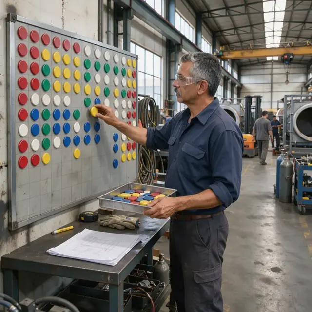 a scheduler updating a large wall-mounted production board with colored magnets showing current furnace build status in a busy fabrication shop