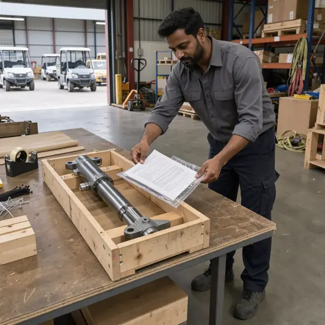 a worker at a packing table placing test certificates into a plastic pouch attached to a crated hydraulic actuator