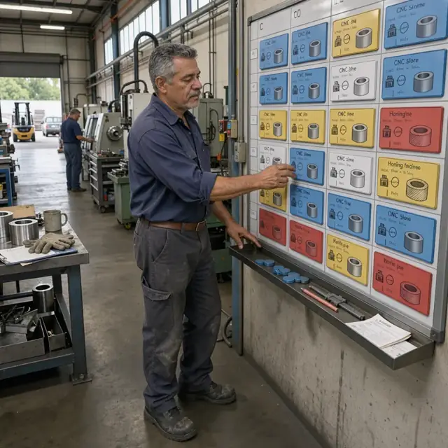 a worker standing at a shop scheduling board with magnetic cards showing cylinder jobs on CNC lathes and honing machines