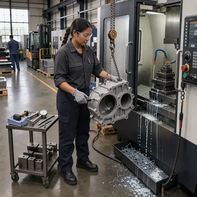 a machinist loading a large cast housing into a horizontal machining center with coolant running and tools staged nearby