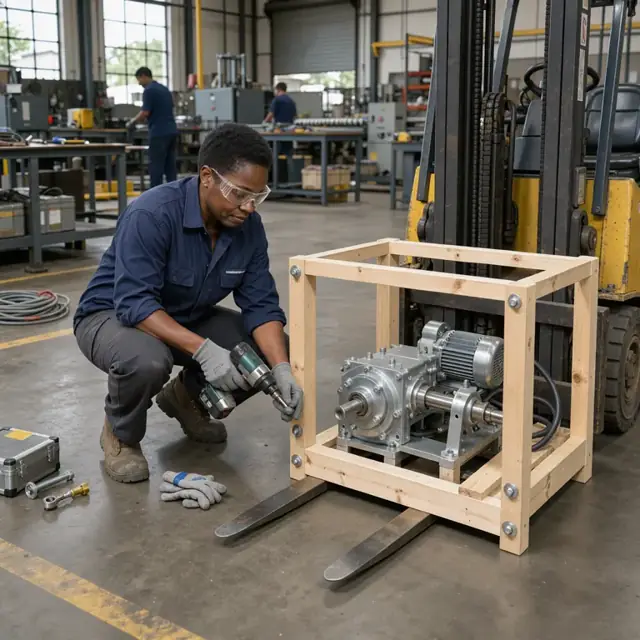 a worker bolting a wooden shipping crate around a finished conveyor drive unit on the shop floor next to a forklift