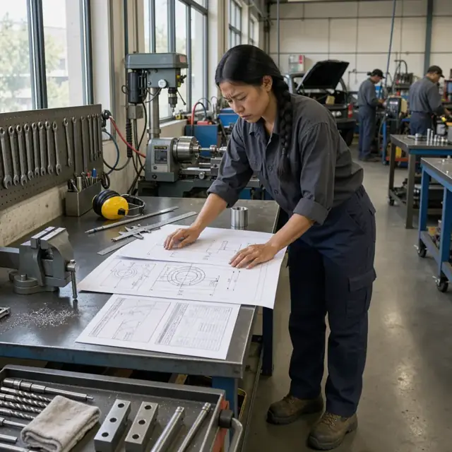 a machinist at a workbench reviewing printed technical drawings and performance specifications spread across a steel-top table
