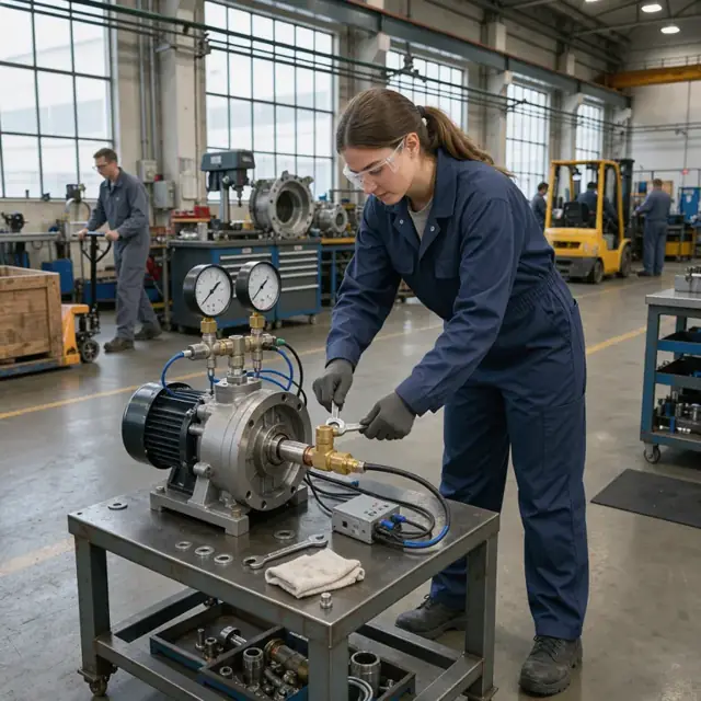 a technician connecting pressure gauges and sensors to a partially assembled industrial pump on a steel test stand in a factory
